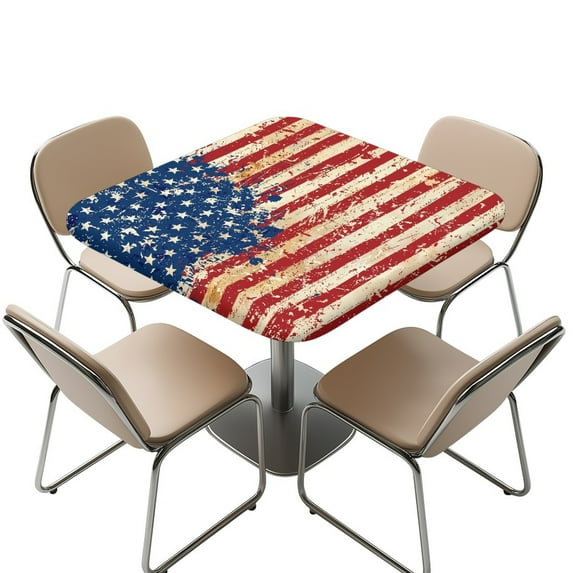 FKELYI Square Fitted Table Cover Elastic Tablecloth Grunge USA Flag Print Stretch Fabric Removable Card Tables Top Cover for Dining Kitchen Home Party, 36x36 inch