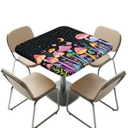 FKELYI Square Fitted Table Cover Washable Anti-Dust Tablecloth with Elastic Edge Abstract Mushroom Moon Star Print Card Tables Top Cover for Dining Kitchen Home, 36x36 inch