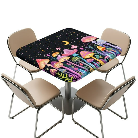 FKELYI Square Fitted Table Cover Washable Anti-Dust Tablecloth with Elastic Edge Abstract Mushroom Moon Star Print Card Tables Top Cover for Dining Kitchen Home, 36x36 inch