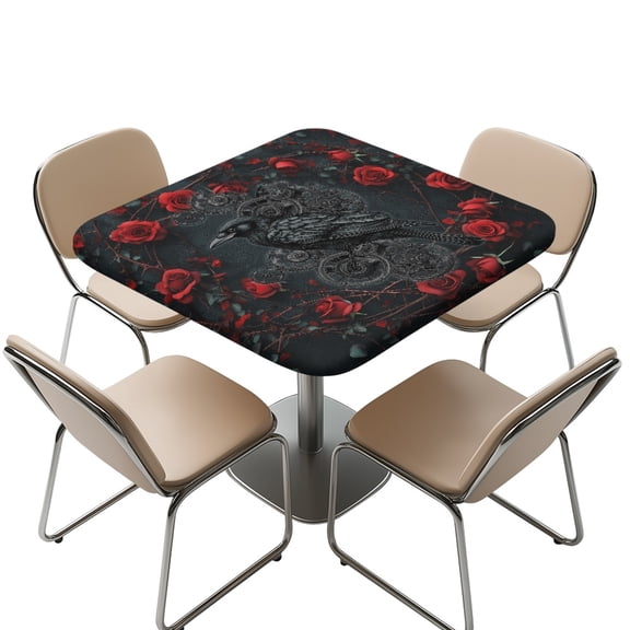 FKELYI Square Fitted Tablecloth Polyester Table Covers with Elastic Edge Black Raven Red Rose Print Table Cloth for Holiday Party Banquet Dinner Kitchen Decor, 34x34 inch