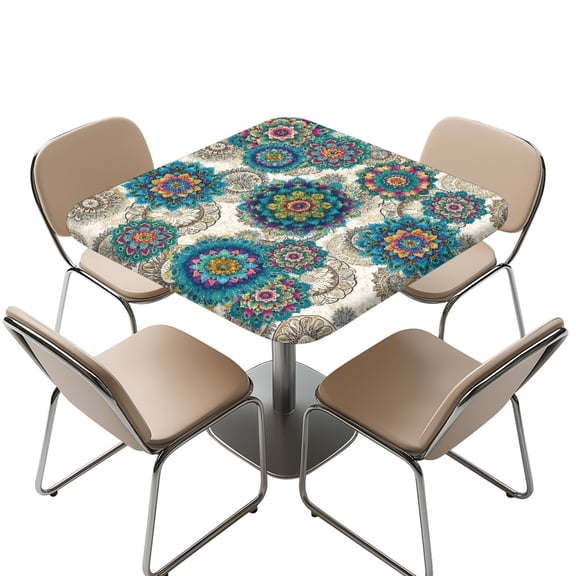 FKELYI Square Fitted Tablecloth Polyester Table Covers with Elastic Edge Bohemian Lotus Flower Print Waterproof Decor Table Cloth for Holiday Party Banquet Dinner, 34x34 inch