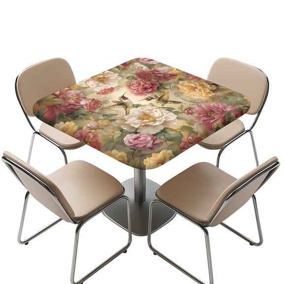 FKELYI Square Tablecloth with Elastic Edge Anti-Dust Peony Floral Hummingbird Print Waterproof Outdoor Card Table Protective Cover Fitted Table Cloth for Wedding Party, 36x36 inch