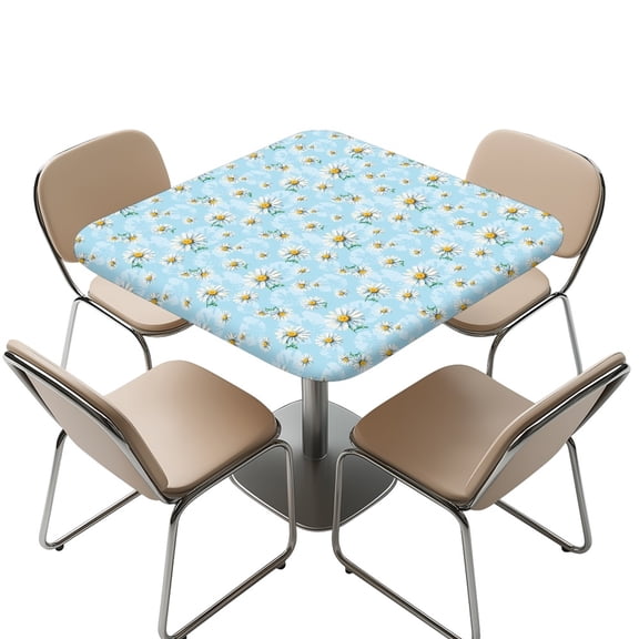 FKELYI Square Tablecloth with Elastic Edge Blue Daisy Flower Print Waterproof Polyester Table Cover for Outdoor Picnic Table Protector Kitchen Decoration, 34x34 inch