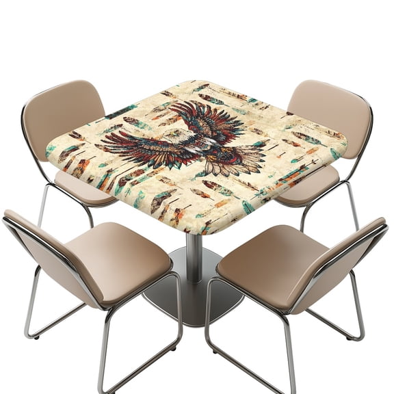 FKELYI Square Tablecloth with Elastic Edge Tribal Eagle Print Waterproof Polyester Table Cover for Outdoor Picnic Table Protector Kitchen Decoration, 36x36 inch