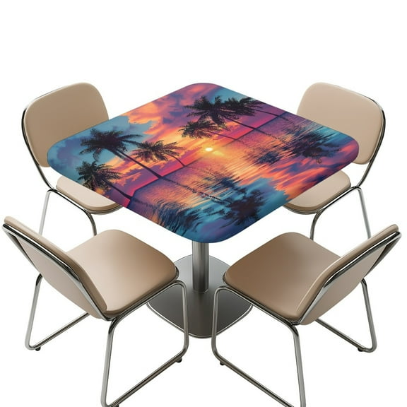 FKELYI Square Tablecloth with Elastic Edge Tropical Palm Tree Print Waterproof Polyester Table Cover for Outdoor Picnic Table Protector Kitchen Decoration, 34x34 inch