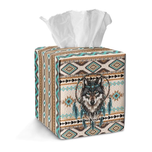 FKELYI Squared Tissue Box Cover Aztec Tribal Geometric Wolf Print Tissue Holder Organizer Snap Button Design Facial Paper Holder Cover Faux Leather Home Office Decor