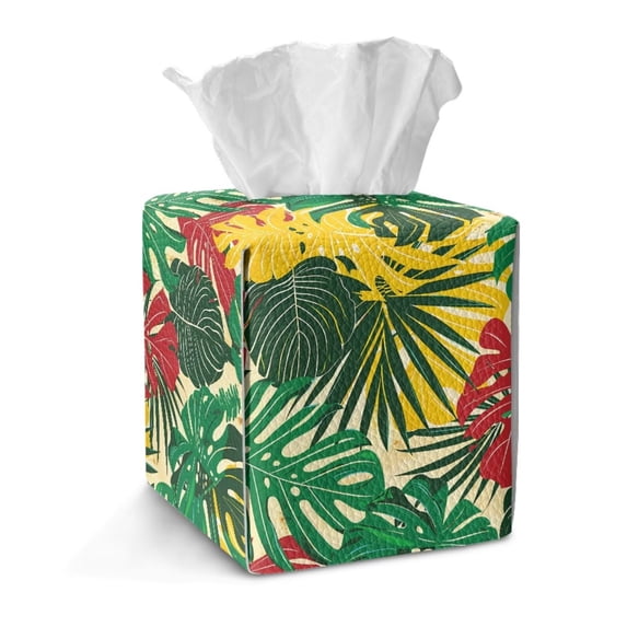FKELYI Squared Tissue Box Cover Tissue Holder Organizer Monstera Tropical Leaf Print Snap Button Design Facial Paper Holder Cover Faux Leather Home Office Decor