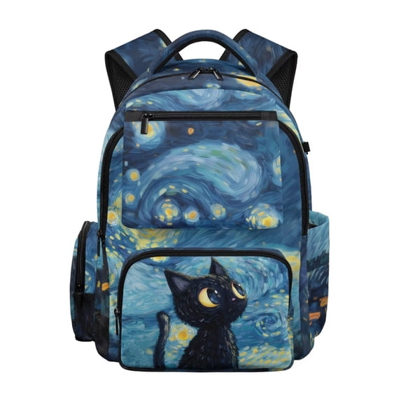 FKELYI Starry Cat Print 17 Inch Schoolbag for Kids Backpack Lightweight Primary School Bookbag with Multi-Pockets for Boys Girls Back-to-School Rucksack Daypack