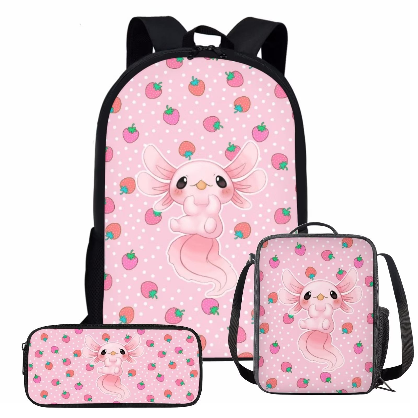 FKELYI Strawberry Axolotl Backpack for Kids Girls Portable Pencil Case  Schoolbag Waterproof Lunch Box Picnic Bagpack with Side Mesh Pockets 3-in-1  