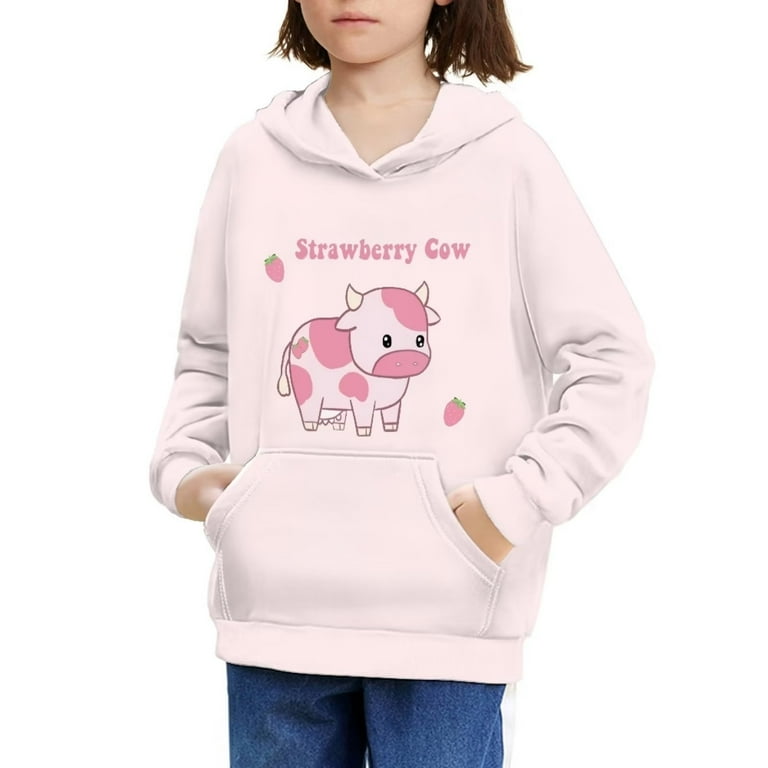 FKELYI Strawberry Cow Kids Hoodies Size 6 7 Years Lightweight Home and School Pullover Sweater for Youth Girls Soft Casual Crewneck Sweatshirt Pink