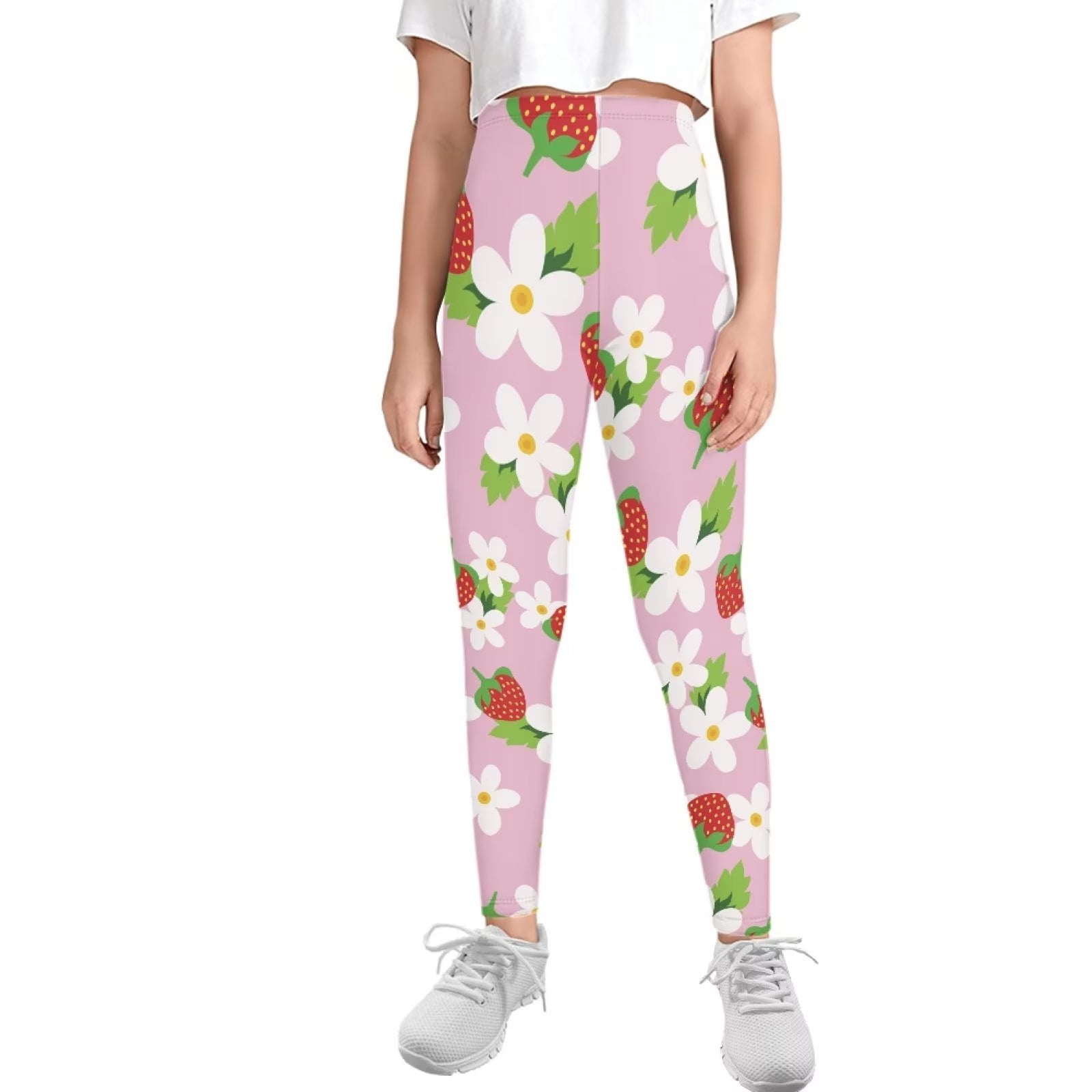 FKELYI Strawberry Floral Girls Leggings Size 12-13 Years Comfortable Going  Out Yoga Pants Soft Playing High Waisted Tights for Teen Kids
