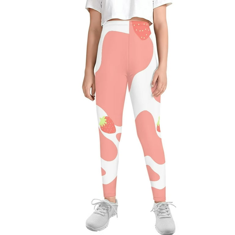 FKELYI Strawberry Kids Leggings Size 12-13 Years Comfortable Casual Cow  Print Tights Durable Walking Yoga Pants High Waisted Straight Leg Teen Girls