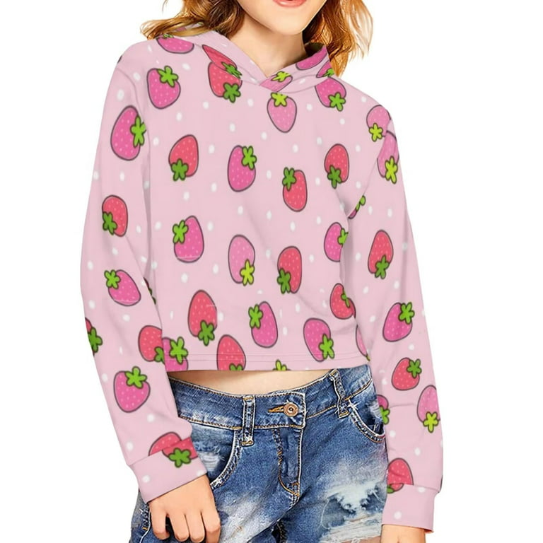 FKELYI Strawberry Print Girls Crop Tops Hoodies Size 9-10 Years Breathable  School Home Long Sleeve Sweatshirt Soft Casual Hooded Pullover Cute