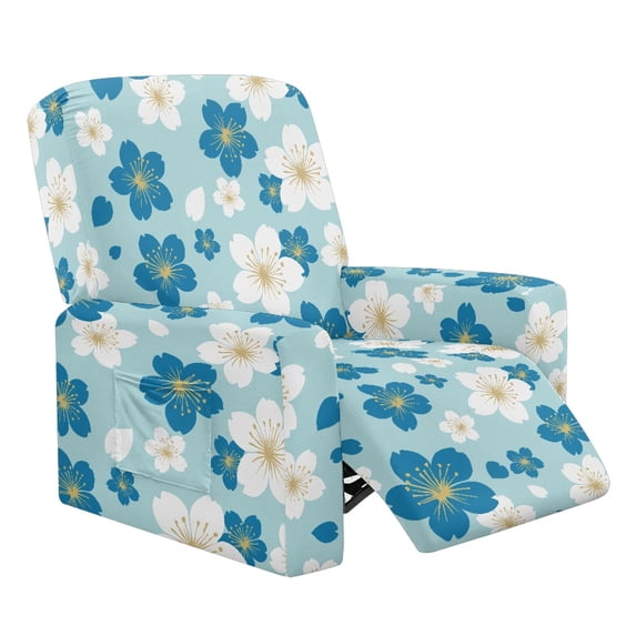 FKELYI Stretchable Recliner Slipcover Blue White Flower Print Reclining Chair Protector for Single Seat Lounge Armchair Anti-Dust Furniture Cover