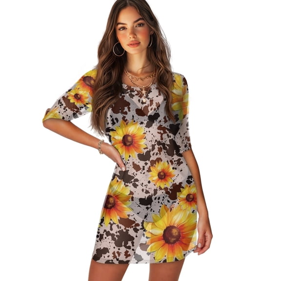 FKELYI Sunflower Brown Cow Print Women Cover Ups for Summer Round Neck Cover-Up Breathable Beachwear Flowy Swim Bikini Cover Up Half Sleeve Resort Wear for Lady Teen Girls, XL