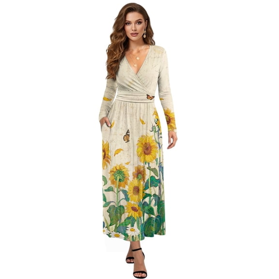 FKELYI Sunflower Butterfly Print Fall Maxi Dress for Women Long Sleeve A-Line Flowy Dresses with Side Pockets V Neck Casual Dress for Spring Winter, M