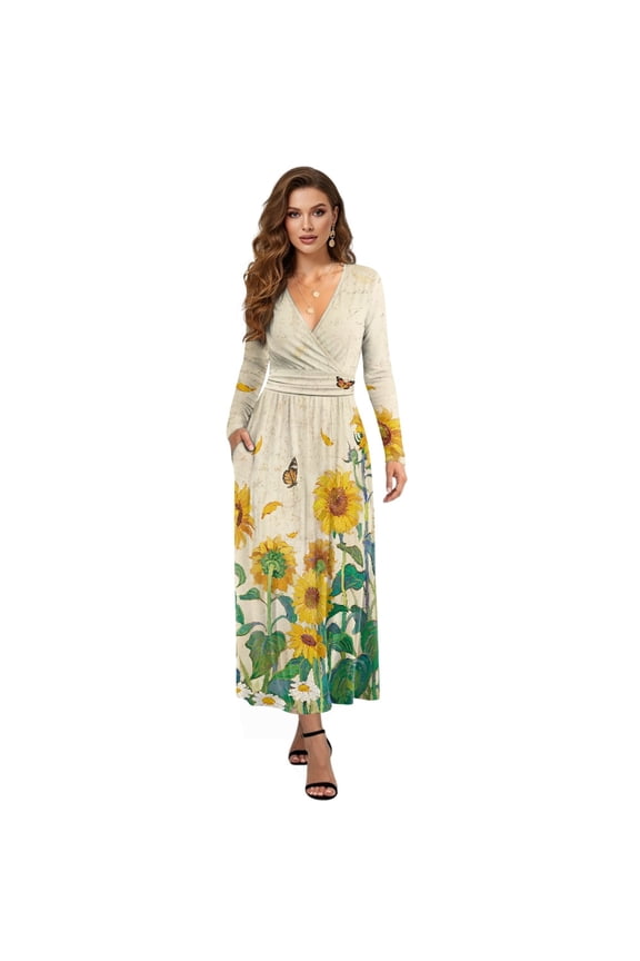 Sunflower Butterfly Print Fall Maxi Dress for Women Long Sleeve A-Line Flowy Dresses with Side Pockets V Neck Casual Dress for Spring Winter, XL