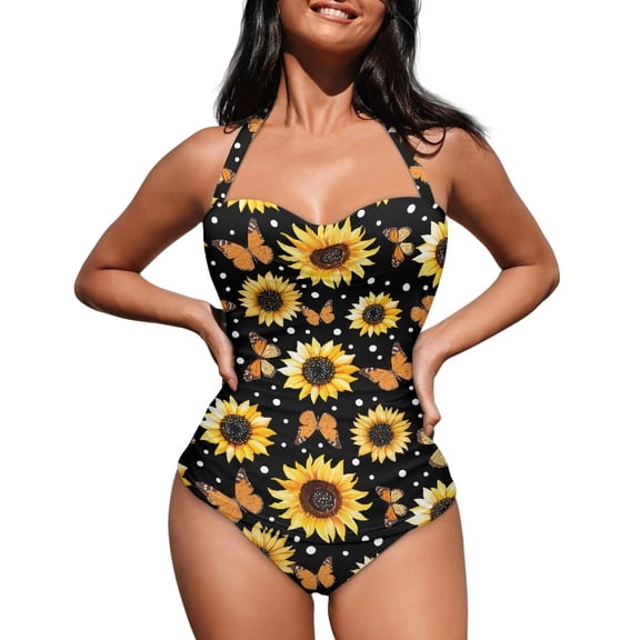 FKELYI Sunflower Butterfly Print Swimsuit for Women Summer Beachwear Soft Breathable Bathing Suit with 2 Pads Tummy Control Swimsuit for Females Summer Vacation Swimming Surfing, L