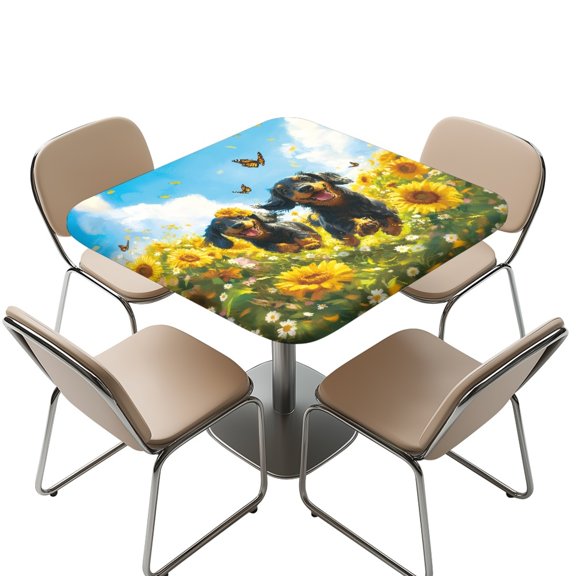 FKELYI Sunflower Dachshund Dog Print Square Tablecloth Removable Polyester Table Cover with Elastic Edge for Outdoor Picnic Table Protector Kitchen Decoration, 34x34 inch