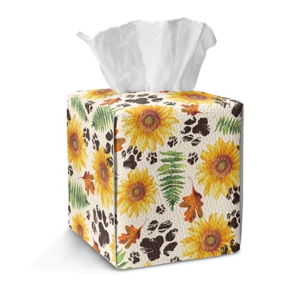 FKELYI Sunflower Dog Paw Print Tissue Box Cover Square PU Leather Tissue Box Holder Facial Paper Organizer Holder for Home Bathroom Office Tabletop Decor
