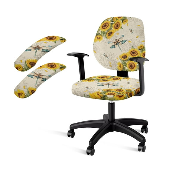 FKELYI Sunflower Dragonfly Print Soft Office Chair Slipcover Anti-Dust Removable Computer Chair Slipcovers with 2 Pcs Arm Rest Covers Furniture Protector, 4 Pcs Set