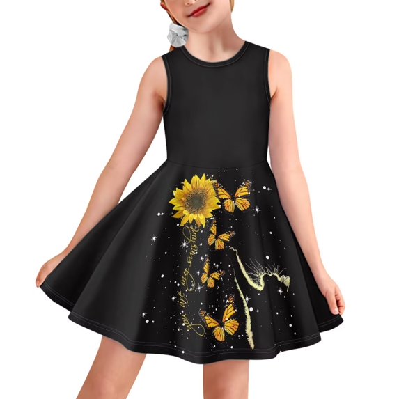 FKELYI Sunflower Girls Sleeveless Dress Size 9-10 Years Breathable Butterfly Print Swing Skater Dress Leisure Leisure Shopping Midi Sundress