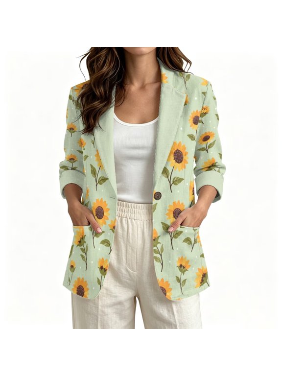 Sunflower Green Print Women's Faux Linen Blazer 3/4 Sleeve Lightweight Work Jacket with Pockets Spring Summer Cardigan Coat for Business Banquet, L