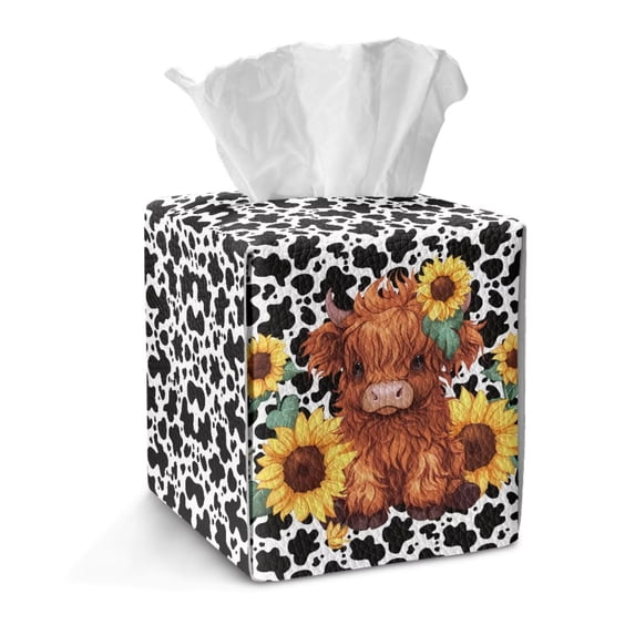 FKELYI Sunflower Highland Cow Print PU Leather Tissue Box Cover Squared Tissue Holder Organizer with Button Modern Decoration for Home Bathroom Kitchen Office