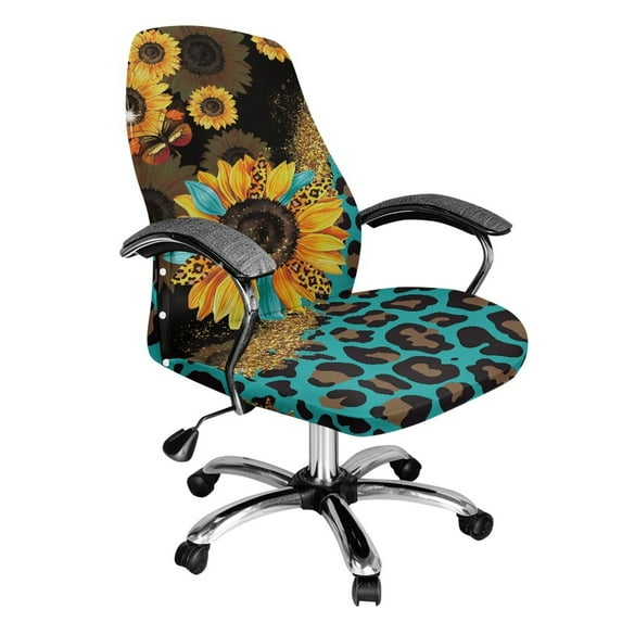 FKELYI Sunflower Leopard Print Office Chair Cover for Home Anti-Dust Computer Chair Covers Removable Rotating Chair Slipcover for Swivel Boss Chair Office Decoration, Small