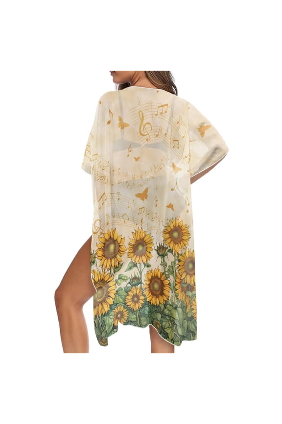 Sunflower Musical Note Print Womens Kimono Coverup Summer Beach Cover Up Open Front Cardigan Loose Beachwear for Ladies Swimming Vacation Cruise Resort Wear