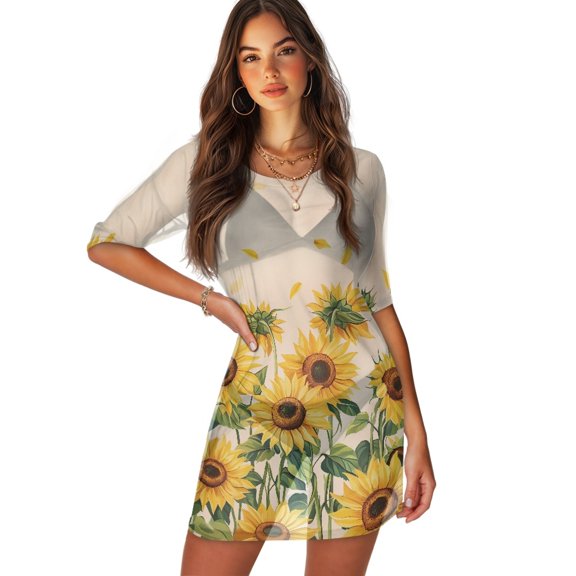 FKELYI Sunflower Print Women's Swimsuit Coverup Round Neck Bathing Suit Cover Ups Casual Cover-Up Half-Sleeve Bikini Beach Dress for Summer Vacation Beach Party, XL