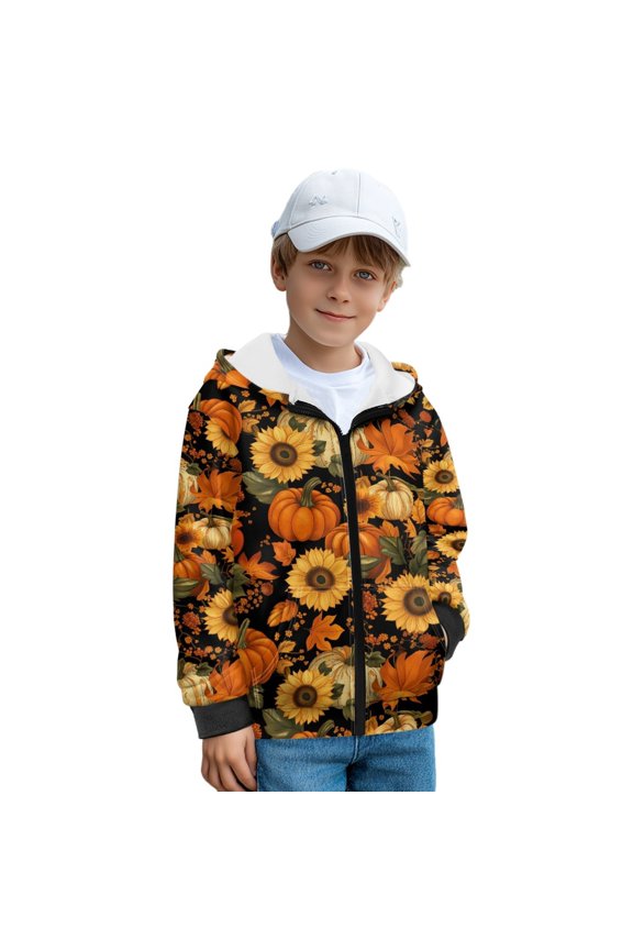 Sunflower Pumpkin Leaf Print Kids Zip Up Hoodies with Pockets Fall Sweatshirt Jacket Long Sleeve Hoodie Winter Top Hooded Activewear for Travel Sport, M