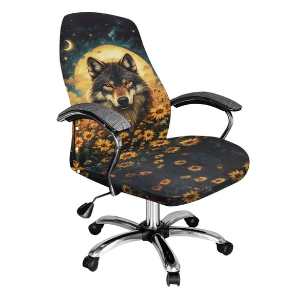 FKELYI Sunflower Wolf Print Office Chair Cover Computer Chair Covers for Armrest Chair Removable Protector Slipcover Stretch Fabric Boss Chair Covers for Home Office, Large