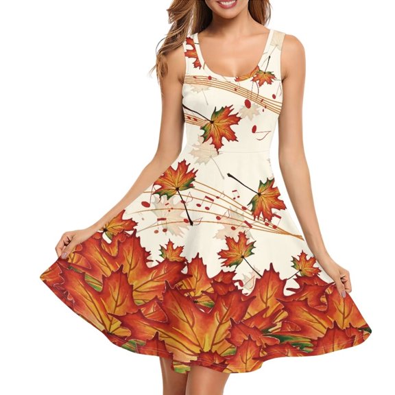 FKELYI Thanksgiving Maple Leaf Sleeveless Dress Size XS Durable Sleeveless Midi Dress for Women Breathable Swing Skater Dress,Hello Fall