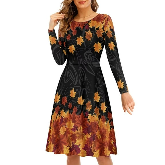 FKELYI Thanksgiving Maple Leaf Women Dress Size 3XL Durable Rustic Women's Long Sleeve Dresses for Fall Stretchy Autumn A Line Skater Casual Twirly Dress
