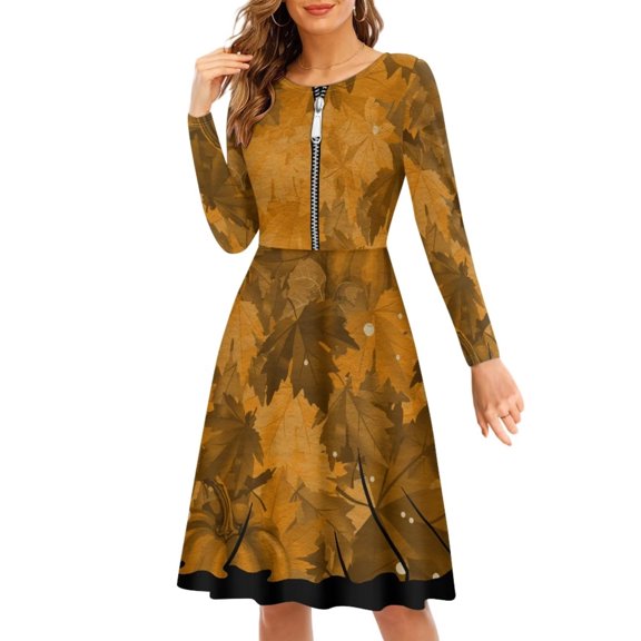FKELYI Thanksgiving Maple Leaf Women Dress Size L Breathable Fall Farmhourse Swing Skater Dress Leisure Women Dress Long Sleeve Elegant