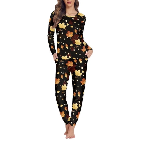 FKELYI Thanksgiving Maple Leaf Women Pajama Size L Lightweight 2-Piece Ladies Pajamas Hello Fall Comfy Nightwear for Women Pajama Set
