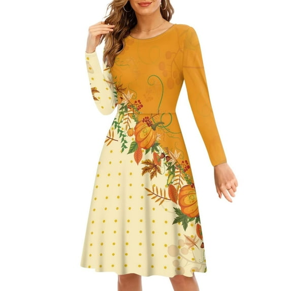 FKELYI Thanksgiving Pumpkin Women Dresses Casual Autumn Maple Leaf Women Long Sleeve Dresses Formal Loose Women Fall Dresses Long Sleeve Size 3XL