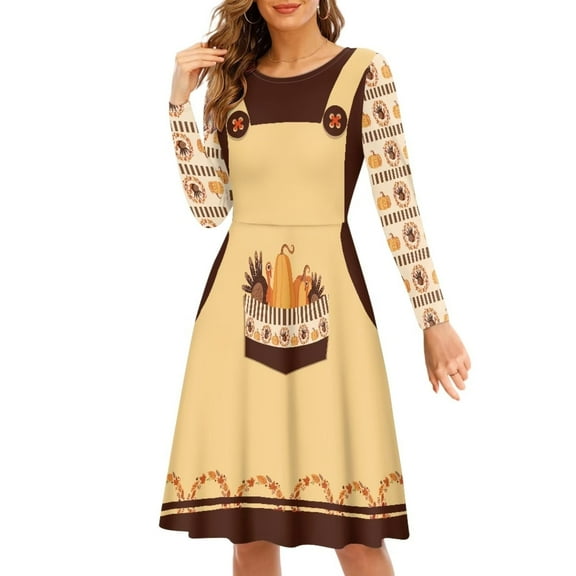 FKELYI Thanksgiving Pumpkin Women Dresses Size L Durable Autumn Rustic Long Sleeve Dress for women Formal Elastic Ladies Dresses for Fall