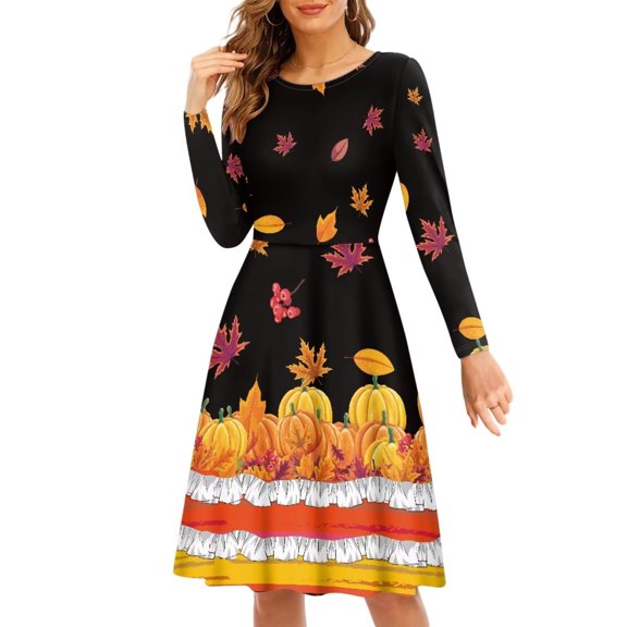 FKELYI Thanksgiving Pumpkins Women Dresses Elastic Fall Maple Leaf Swing Skater Midi Dress Soft Autumn Ladies A Line Dresses Knee Length Size XL