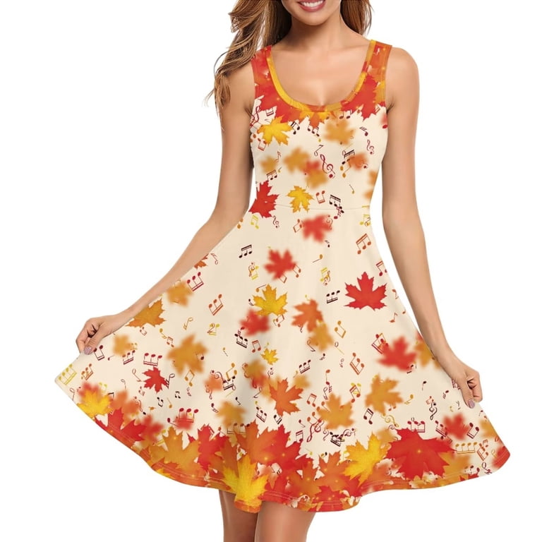 FKELYI Thanksgiving Sleeveless Dress Size XS Leisure Fall Maple Leaf Tank  Dress Long Stretchy Women Swing Skater Midi Dress Festival Gift -  Walmart.com