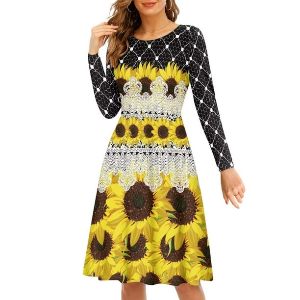 sunflower dresses for women Womens Preppy Maxi Cotton Blend Dress With Scoop Neck & Long Sleeves Up To 50% Off sunflower dresses Sunflower Dress Long Dress Beach