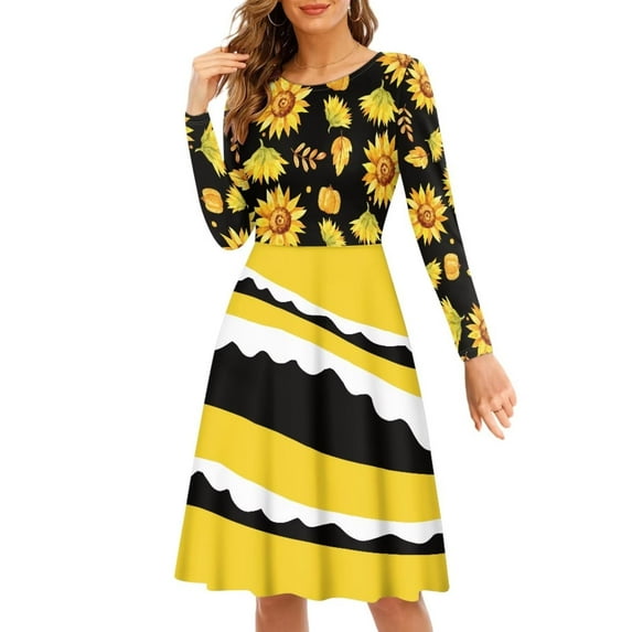 FKELYI Thanksgiving Sunflower Women Dress Size L Soft Happy Fall Pumpkin Swing Skater Dress Elastic Long Sleeve Dress for women Formal