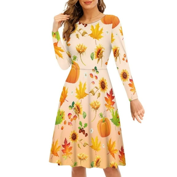 FKELYI Thanksgiving Sunflower Women Dresses Size 4XL Elastic Pumpkin Fall Farmhouse Swing Twirl Skater Dress Lightweight Women Long Sleeve Dress to Look Thin Aesthetic