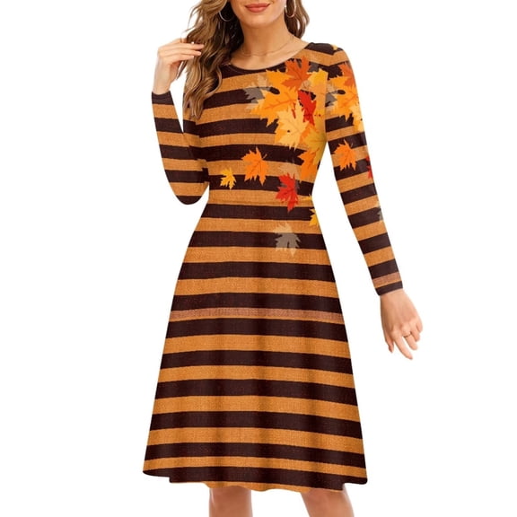 FKELYI Thanksgiving Women Dresses Comfortable Orange Stripes Women Long Sleeve Dress Fall Polyester Autumn Maple Leaf Twirly Skater Dress Size 3XL