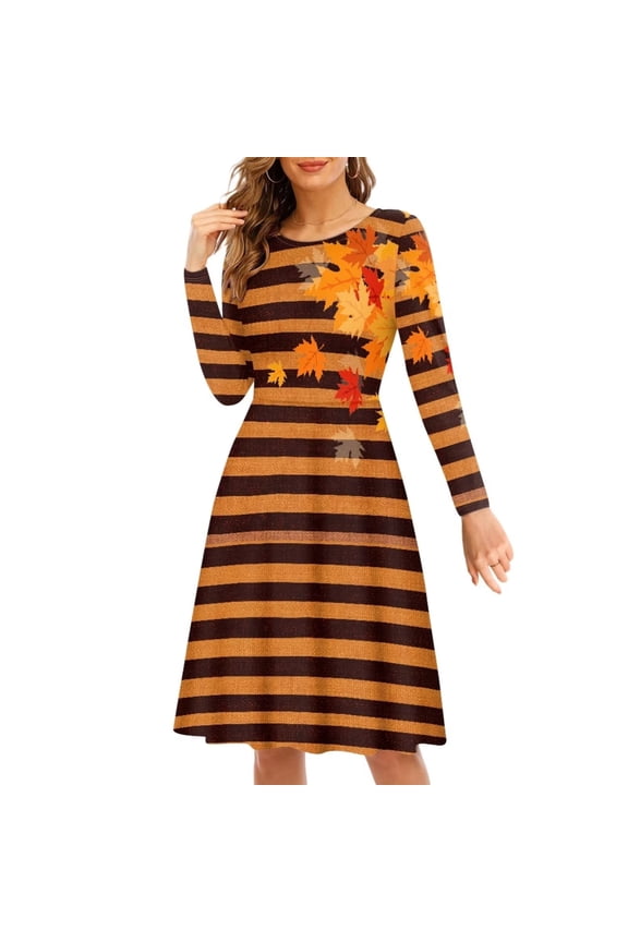 Thanksgiving Women Dresses Comfortable Orange Stripes Women Long Sleeve Dress Fall Polyester Autumn Maple Leaf Twirly Skater Dress Size 4XL