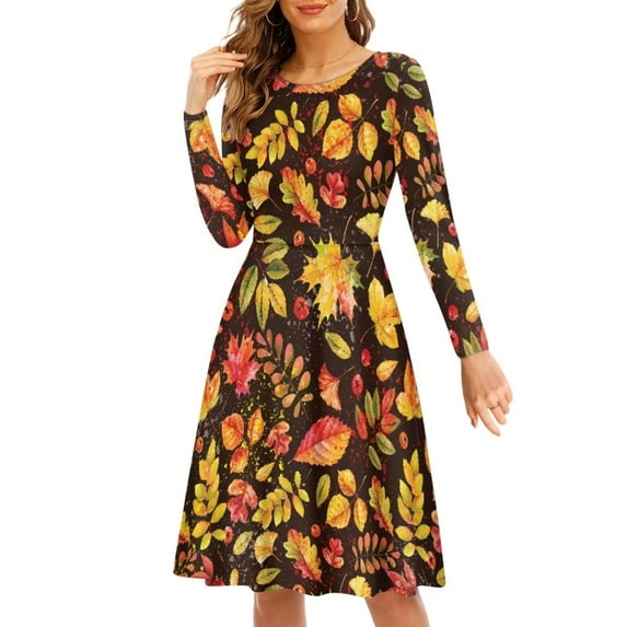 FKELYI Thanksgiving Women Dresses Knee Length Size L Casual Fall Maple Leaves Swing Twirl Skater Dress Comfy Long Sleeve Dress for women Formal