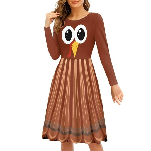 FKELYI Thanksgiving Women Dresses Size L Elastic Fall Turkey Print Women Dresses Casual Knee Length Lightweight Round Neck Twirl Swing Dresses