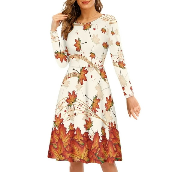 FKELYI Thanksgiving Women Dresses Stretchy Music Fall Maple Leaves Long Sleeve Swing Party Dress Soft Long Sleeve Dress for Women Wedding Guest Size XL