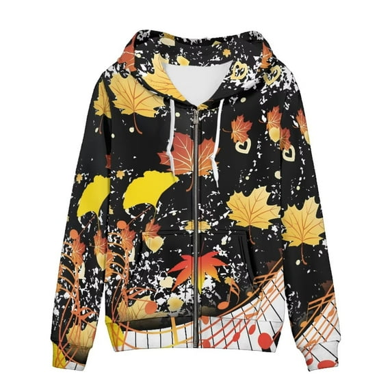 FKELYI Thanksgiving Zipper Hoodie Size L Soft Harvest Music Zippered Sweaters for Women Breathable Fall Maple Leaf Activewear Hoodies Jacket